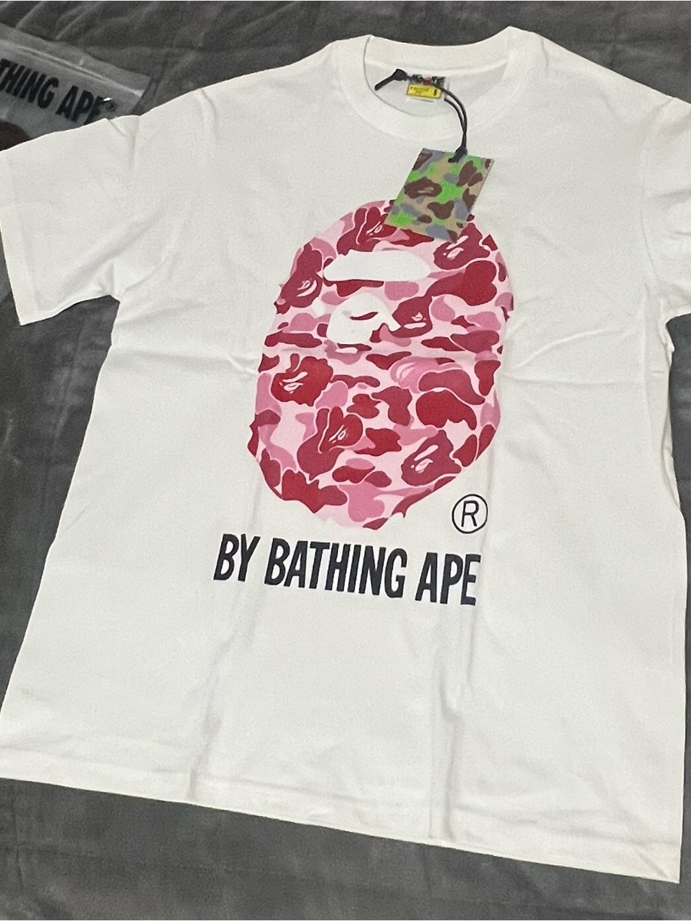Bape White Tee with Pink Camo Ape Head Graphic